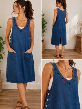 Vintage J.L. N.Y. Sport Denim Jean Jumper Dress Embroidered Floral Sleeveless L